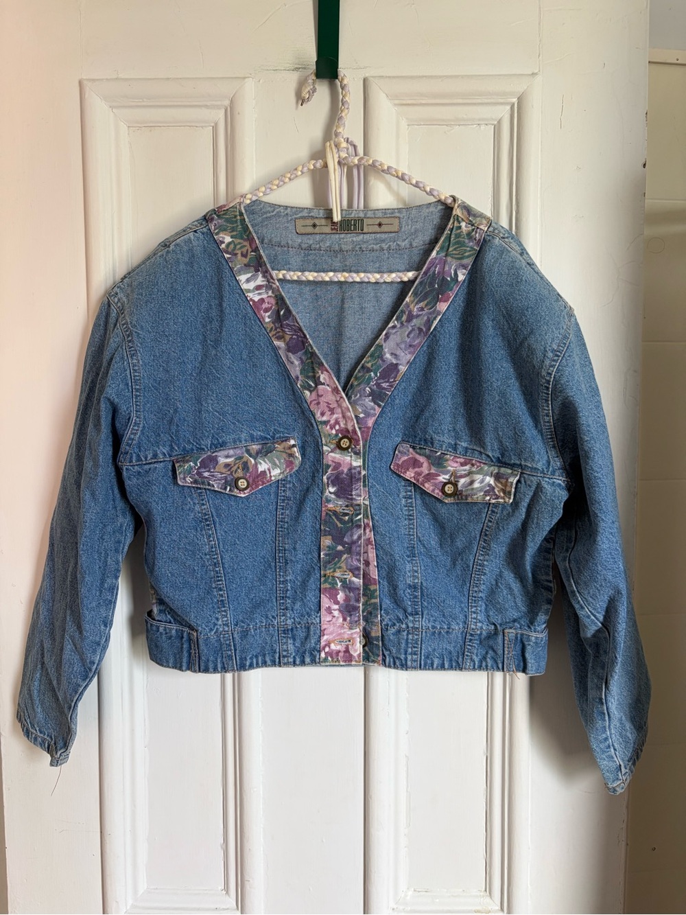Vintage Cropped Denim Jacket with Floral Tapestry Details